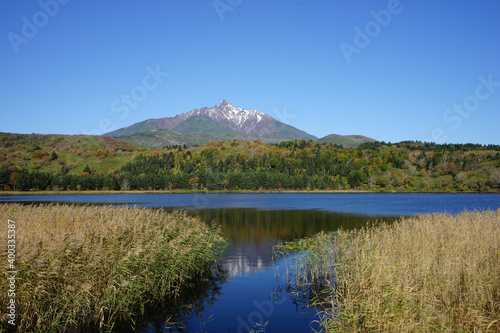 Autumn view of Otatomari Swamp with Mount Rishiri Fuji in Rishiri island  Hokkaido  Japan -                                                                                  