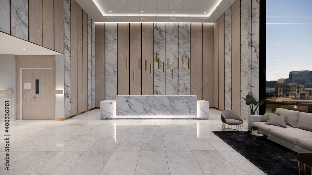 Fototapeta premium 3d rendering animation. Interior hospital modern design . Counter and Waiting area Empty Reception Medical practice concept.4k