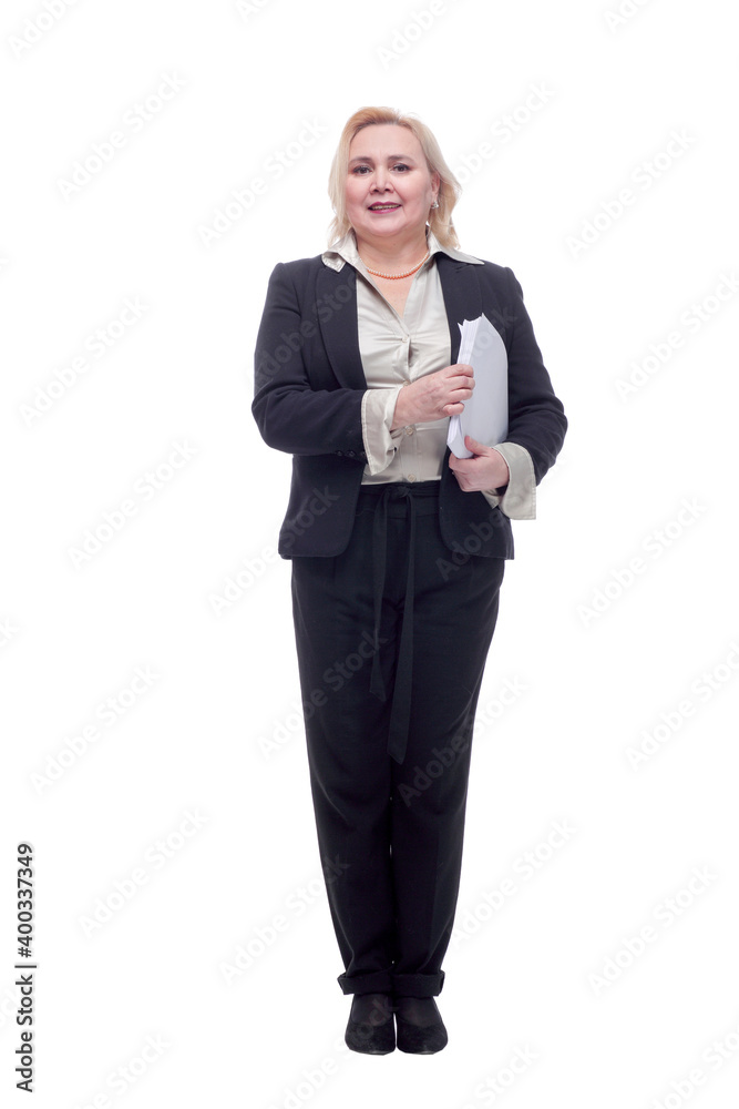 Portrait of a satisfied young businesswoman in suit holding documents and looking at camera Portrait of a satisfied young businesswoman in suit holding documents and looking at camera