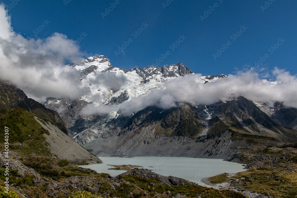 glacier lake at the mountains