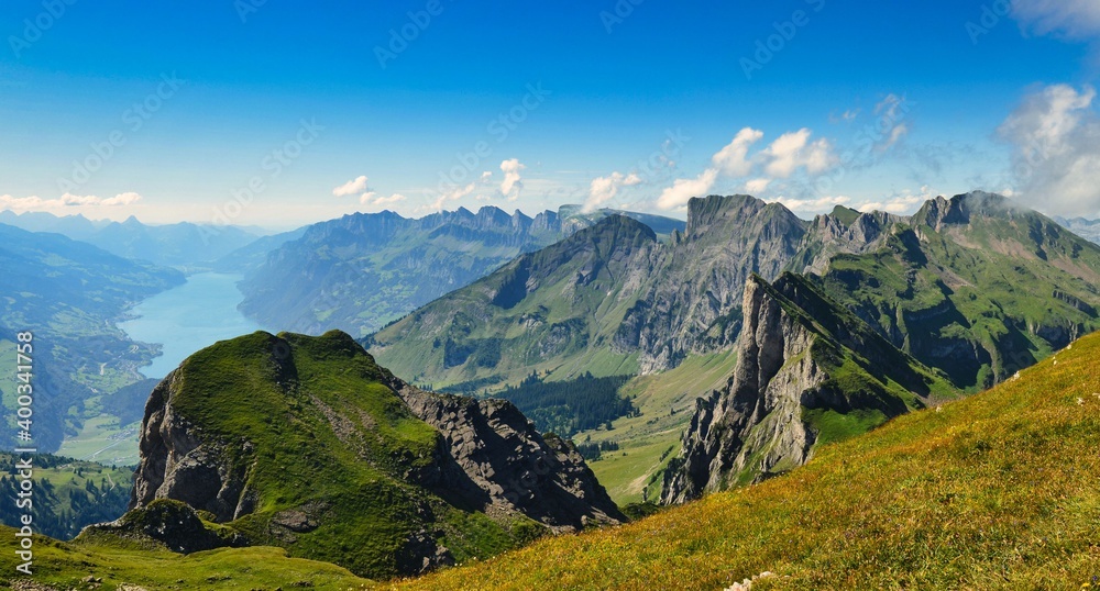 beautiful view from the mountains summit. pure mountain feeling. fantastic view from the swiss mountains. good place to hike and enjoy the view