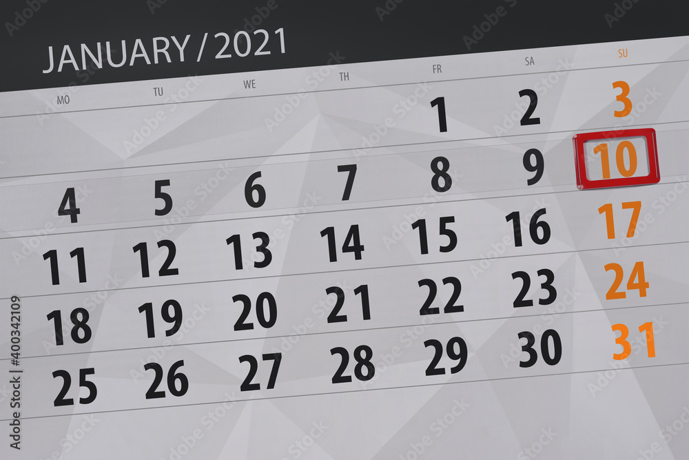 Obraz premium Calendar planner for the month january 2021, deadline day, 10, sunday