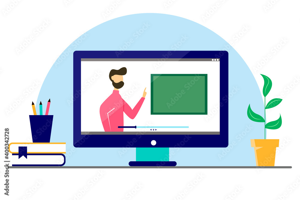 Online learning concept. The teacher conducts the lesson online. Flat style illustration. Online learning concept. The teacher conducts the lesson online. Flat style illustration.