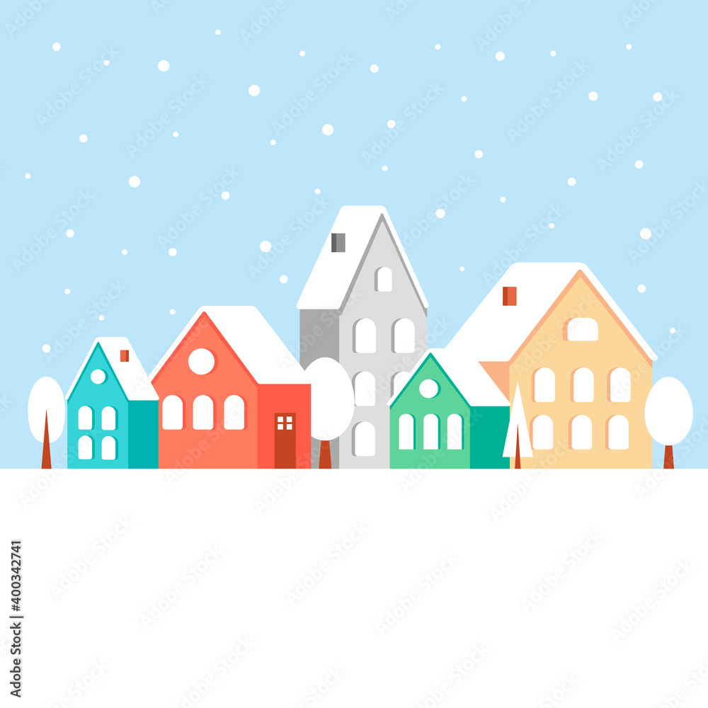Merry Christmas illustration. Nice houses with snowfall. Flat style illustration.