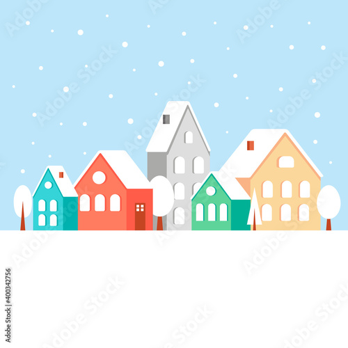 Merry Christmas illustration. Nice houses with snowfall. Vector flat style illustration.