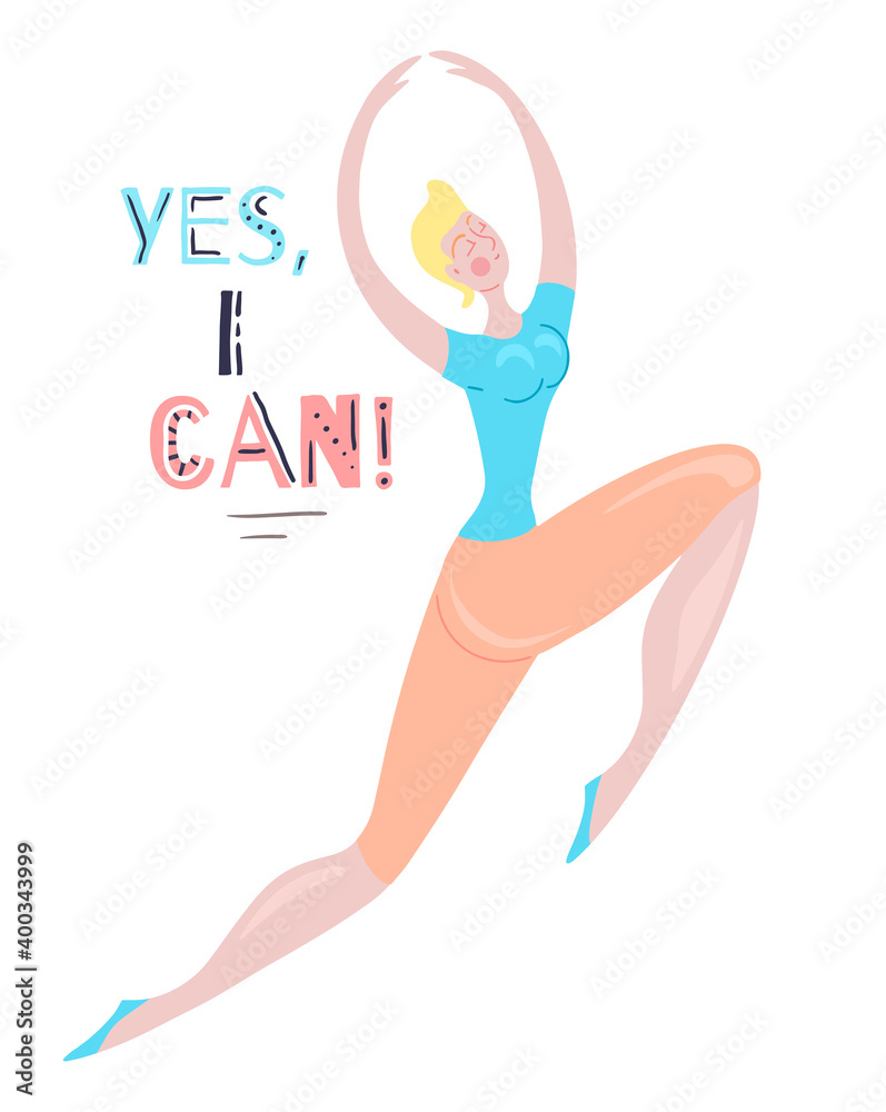 Happy sporty jumping girl with lettering. Dancing confident woman and