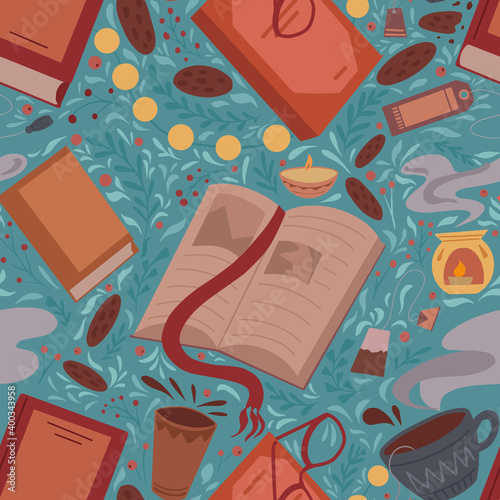 Seamless pattern of flat illustration of book, cup of tea, cookie and bookmark on blue plant background. Cozy evening reading with candle and garland. Vector cartoon texture for wallpaper, fabric