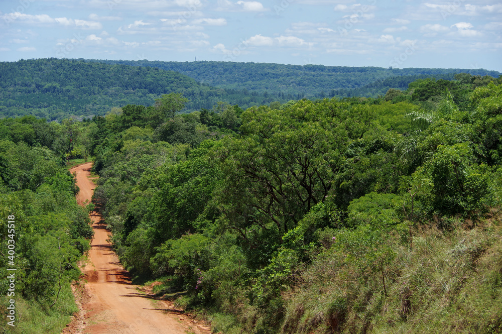 Route en terre rouge traversant la jungle argentine dans la province de Misiones près de San Ignacio