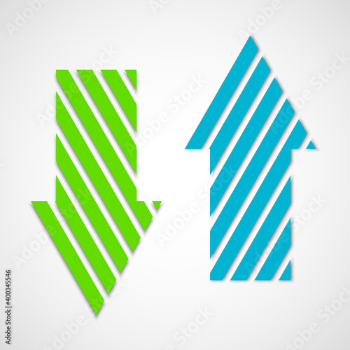 Two straight arrow ribbon. 2 direction right banner shape. Trend arrow stripe form flat icon. Index location. Pointer position. Marker standing. Indicator destination. Origami pointrs design shape set