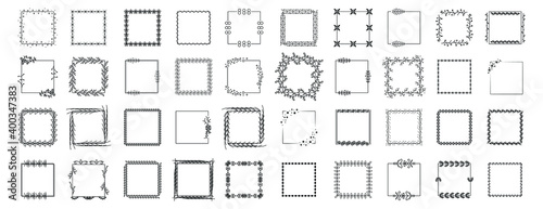 Set Black Simple Line Collection Doodle Square Floral Frame Leaves Elements Vector Design Style Sketch Isolated Illustration For Banner