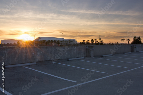 San Jose, CA – Mar 18, 2019: – Sun setting over The Shark Tank, an indoor multi-purpose arena located in downtown San Jose, CA. Primary tenant is the San Jose Sharks ice hockey team of the NHL.