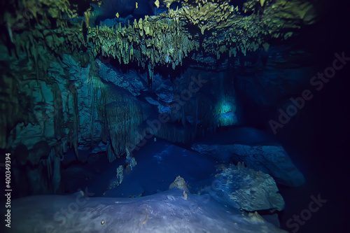 underwater cave stalactites landscape, cave diving, yucatan mexico, view in cenote under water