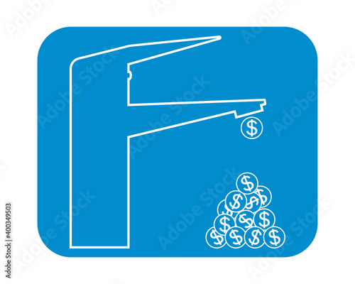 Dripping faucet money. Outline vector drawing, icon. Isolated outline illustration.
