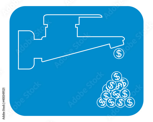 Dripping faucet money. Outline vector drawing, icon. Isolated outline illustration.
