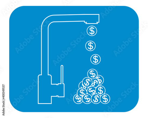 Dripping faucet money. Outline vector drawing, icon. Isolated outline illustration.
