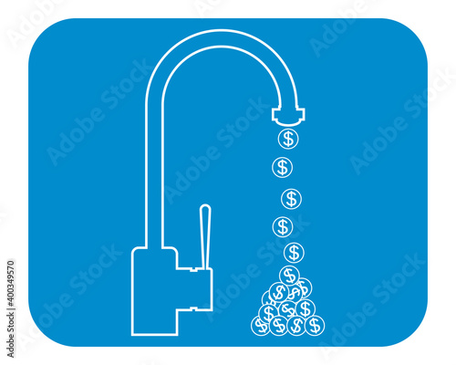 Dripping faucet money. Outline vector drawing, icon. Isolated outline illustration.
