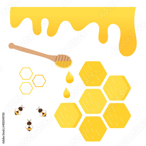 Honey elements with hive, honeycomb, bee cartoon and wooden dipper icon isolated on white background vector illustration.