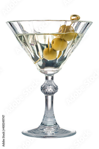 Classic Dry Martini with olives isolated, Martini mixed drink with olive garnish on a white background close up