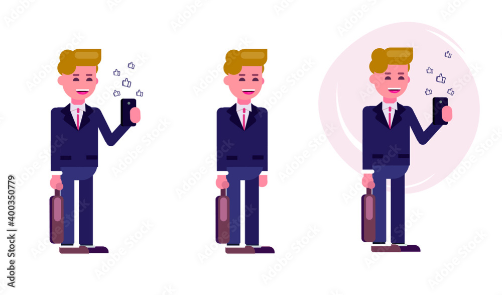 Office man looks into a smartphone. Social network. Communication on social networks. Flat vector illustration Office man looks into a smartphone. Social network. Communication on social networks. Flat vector illustration