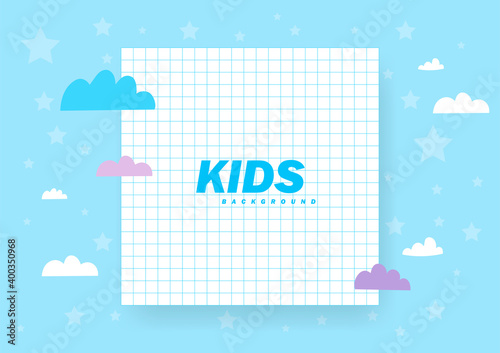 Kids note paper background. Clouds and stars blue background. Vector illustration