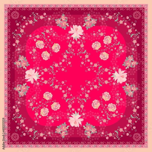 Flowers bandana, colorful shawl, scarf print in crimson and pink tones. Romantic flowering garden pattern with decorative border. Bunches of roses, bouquets of poppies, floral garlands, lace.