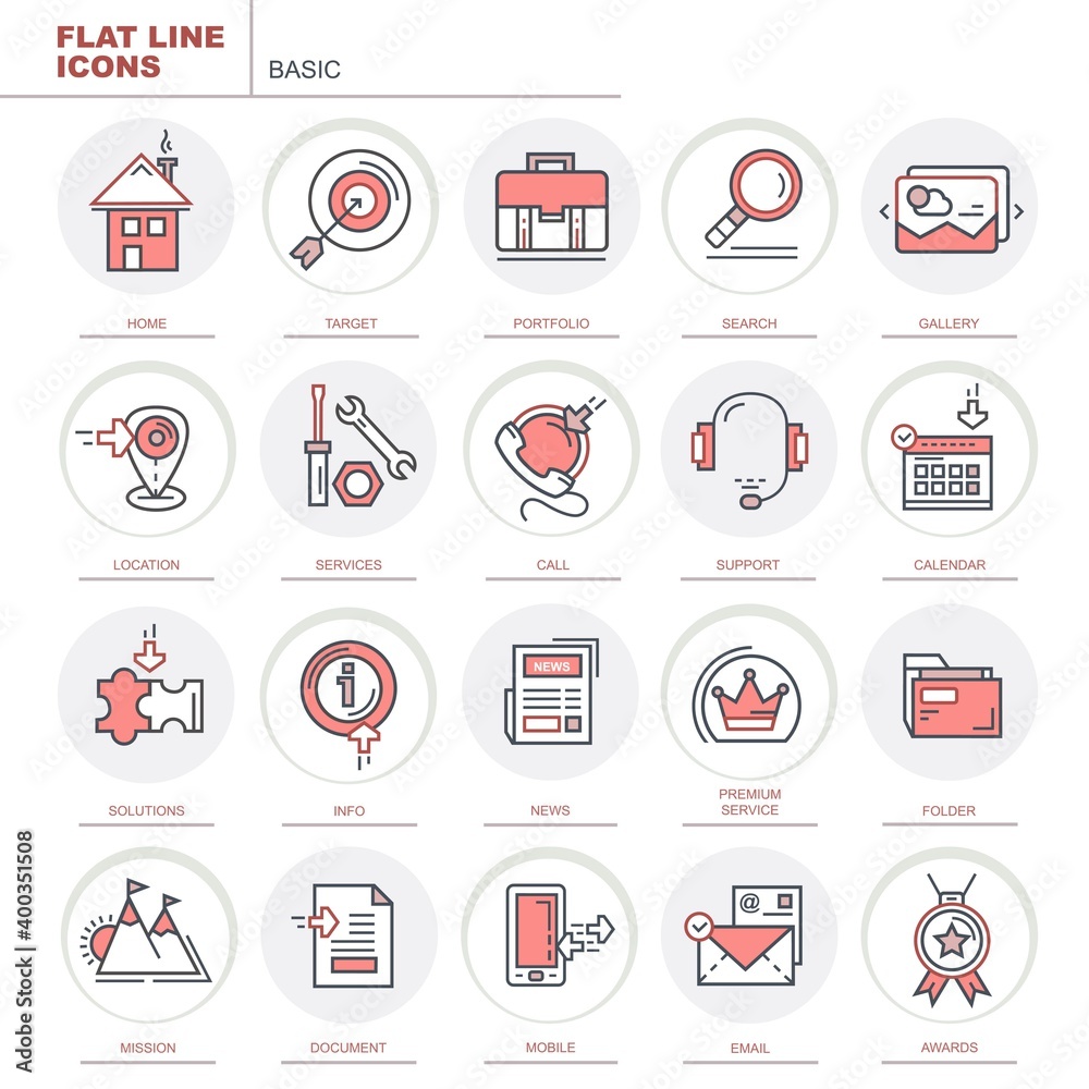 Base. Set of vector, linear, colored flat icons. Set of icons for the site. The set includes icons such as portfolio, calendar, gallery, home, news, search and more.
