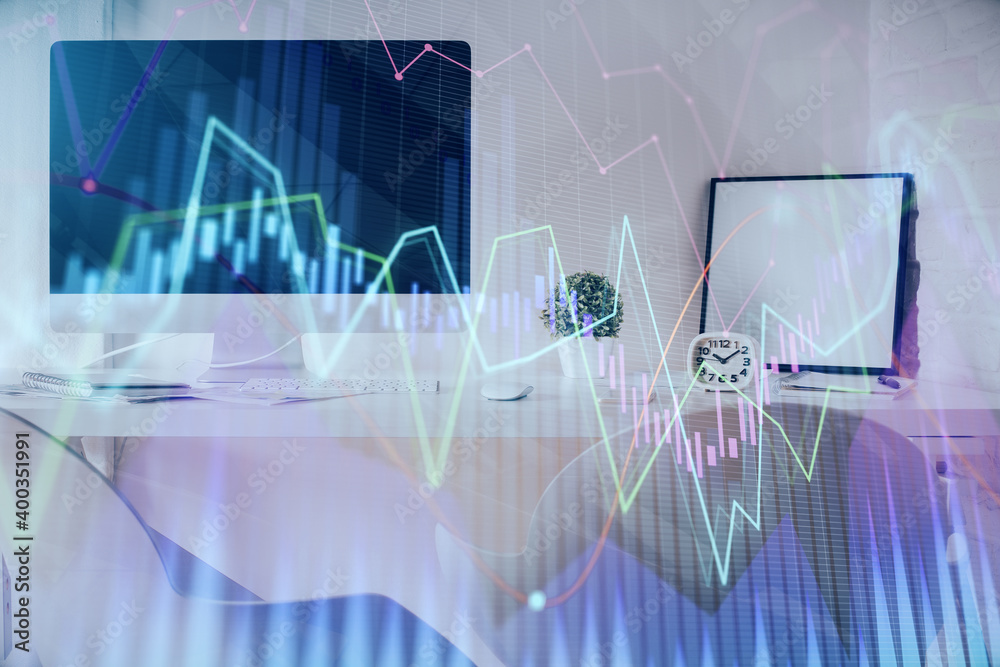 Multi exposure of stock market chart drawing and office interior background. Concept of financial analysis. Multi exposure of stock market chart drawing and office interior background. Concept of financial analysis.
