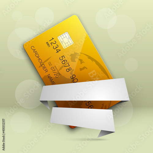 Credit card in empty stripe banner. Banking blank band icon. Finans tape icon. Plastic card software ribbon badge. Debit card with electromagnetic chip paper. Privacy Electronic money funds transfer.