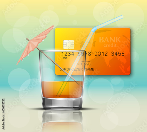 Credit card & glass cold drink alcohol straw banner. Banking card bright soda & umbrella icon. Plastic card software glass of lemonade fruit juice. Debit card bar glass of cocktail fizzy water drink
