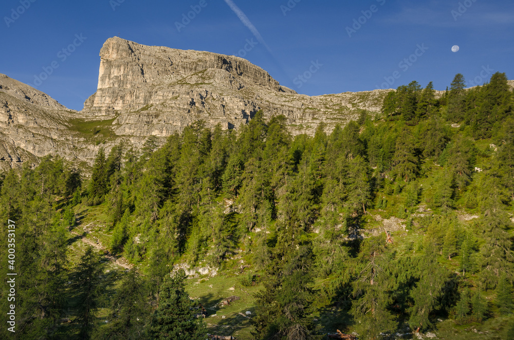 View of Para dai Giai mountain as seen from Gardenacia refuge to Puez refuge trekking trail, Puez-Odle Nature park,  Dolomites, Trentino, Alto Adige, South Tirol, Italy.