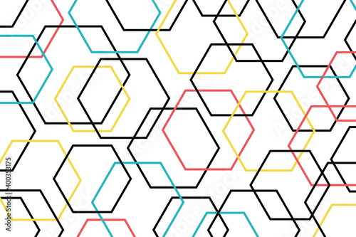 Abstract background pattern made with colorful hexagon shapes. Modern, playful, fun vector art in red, yellow, blue and black colors.