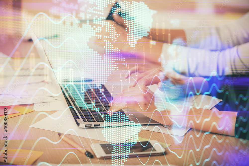 Multi exposure of woman hands typing on computer and financial chart hologram drawing. Stock market analysis concept.