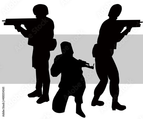 Soldier, police aiming a gun, silhouette Vector illustration of occupation Gray background