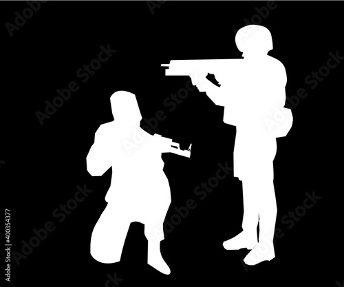 Soldier, police aiming a gun, silhouette Vector illustration of occupation Gray background