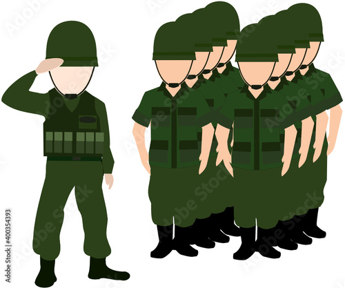 Army soldier standing respect warrior border, cute occupation illustration vector