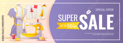 Promo sale flyer design with sewing items. Sewing workshop, fashion design, dressmaking, tailoring concept. Vector illustration for poster, banner, advertising, commercial.