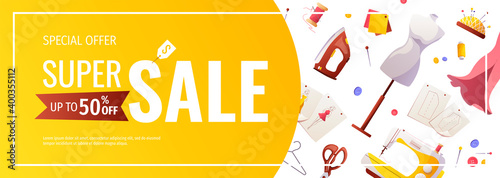 Promo sale flyer design with sewing items. Sewing workshop, fashion design, dressmaking, tailoring concept. Vector illustration for poster, banner, advertising, commercial.