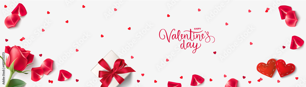 Happy Valentine's Day design template. Vector lettering. Holiday greeting text. Valentines Day background with gift box, red hearts, confetti,  rose and red rose petals.