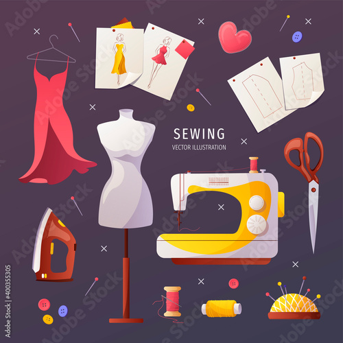 Set of sewing items for fashion design, dressmaking, tailoring, needlework, handicraft. Sewing machine, mannequin, iron. Patterns and sketches, pincushion, threads, scissors. Vector illustration.