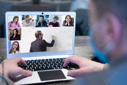 Online remote learning. Digital video conference chat with student and class group. Teaching and learning from home during quarantine and coronavirus outbreak.