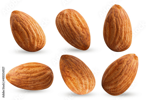 almond piece collection nuts on white isolated .Clipping path