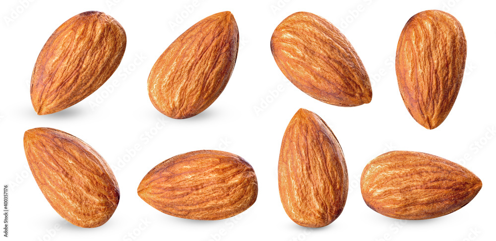 almond raw piece collection set.almond full macro shoot .nuts healthy food ingredient on white isolated .Clipping path