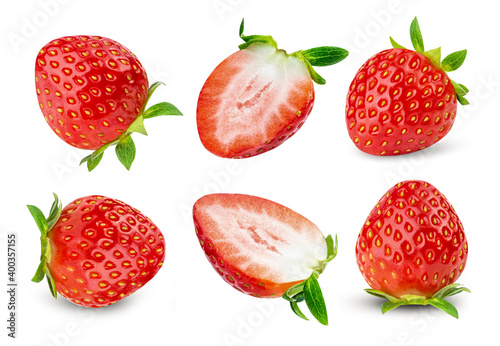 fly strawberry Fresh piece and sliced strawberry healthy fruit  on white background isolated.Collection.