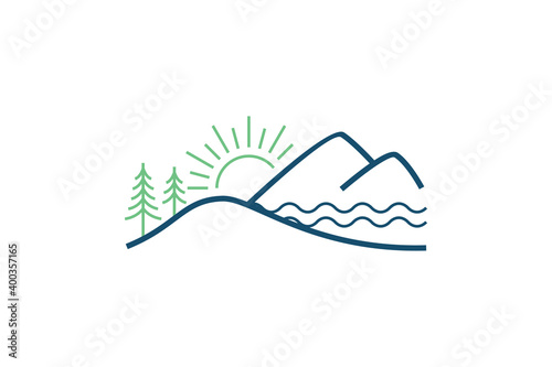 Mountain logo outdoor - adventure wildlife pine tree forest design, hiking exploration nature, camping basecamp campfire. Hill lake view.