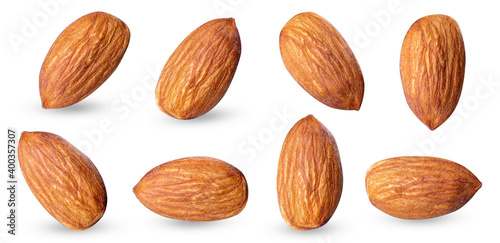 almond raw piece collection set.almond full macro shoot .nuts healthy food ingredient on white isolated .Clipping path