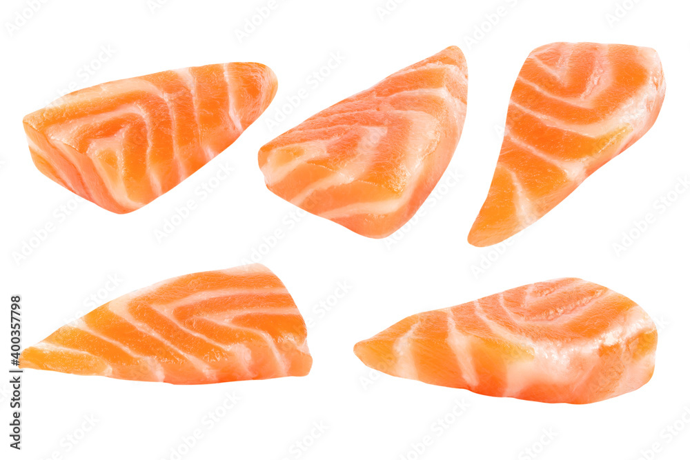 Fresh salmon filleted pieces  uncooked isolated salmon Clipping Path on white isolated .Image stack Full depth of field macro