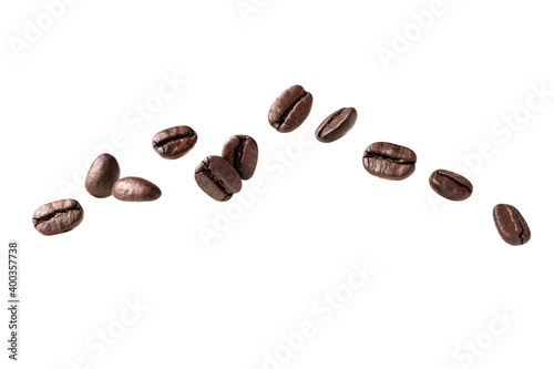 coffee beans pieces floating.coffee Clipping Path on white isolated .Image stack Full depth of field macro