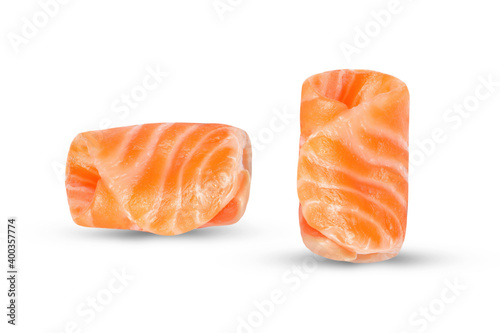 Fresh salmon Sliced roll up uncooked. salmon Clipping Path on white isolated .Image stack Full depth of field macro