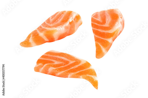 Fresh salmon filleted pieces uncooked isolated salmon Clipping Path on white isolated .Image stack Full depth of field macro