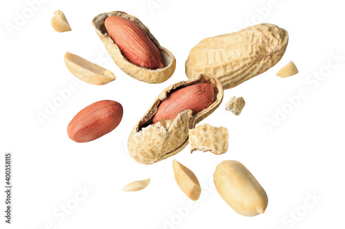 organic peanuts salted snack chapped fly in air  healthy food  on white isolated with clipping path